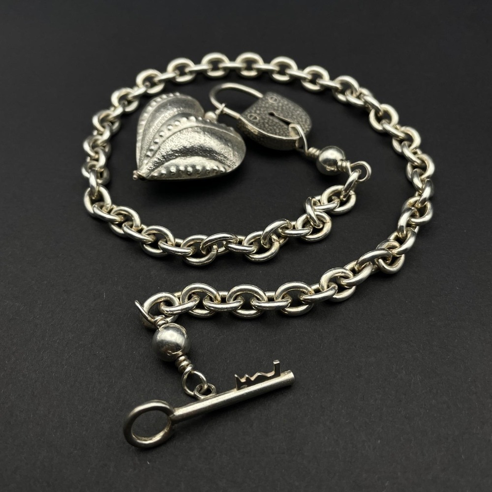 Chunky Sterling Silver Heart Lock Key Toggle Necklace Statement Jewelry - Picture 5 of 10